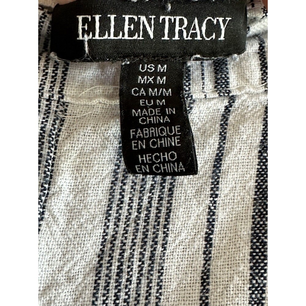 Ellen Tracy Pants Womens M Black Cream Striped Cropped Wide Leg Linen Coastal - Picture 2 of 9